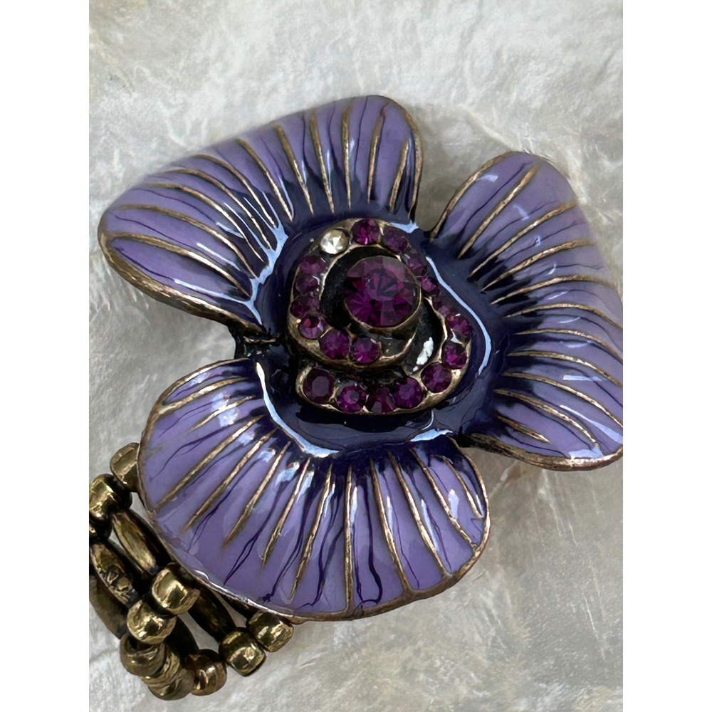 Vintage Purple Enamel‎ Flower Ring Crystal Bronze Stretch Band Y2K Whimsigoth